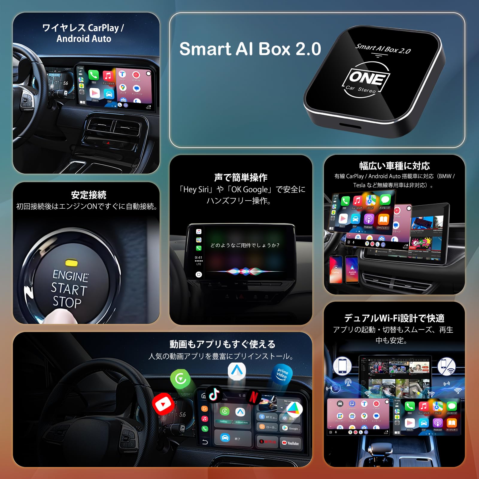 Amazon.co.jp: OneCarStereo Smart AI Box 2.0 ワイヤレスCarPlay